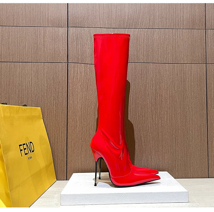 Knee-High Modern Boots Pointy Toe Women Shoes 13cm Ultra Thin Steel High Heels Metal Heel Calf Boots for Women Fun Shoes Size 46