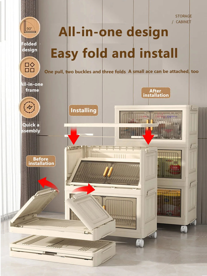 Collapsible Sturdy Storage Cabinet with Drawers and Wheels - Roomy Multi-purpose PP Organizer - Durable Storage Shelf