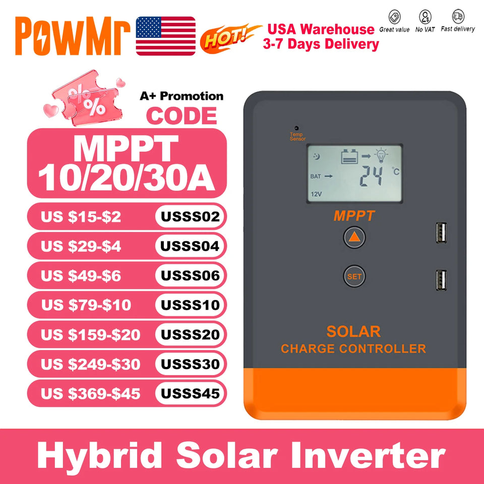 PowMr USA 20A 30A 40A MPPT Solar Charge Controller LCD Display for 12V 24V Power Bank AGM Gel Flooded Lithium Batteries Charger