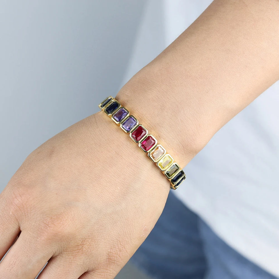 New Arrivals Geometric Bohemian Rainbow Cubic Zirconia Stretchy Stretch Tennis Bracelet Fashion Gold Plated Jewelry For Women