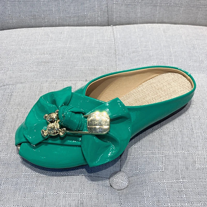 Women Slippers Gold Chain Bear Half Slippers Female Flats Sandals Brand Mullers Plus Size Summer Women Shoes Fashion Bow Slipper