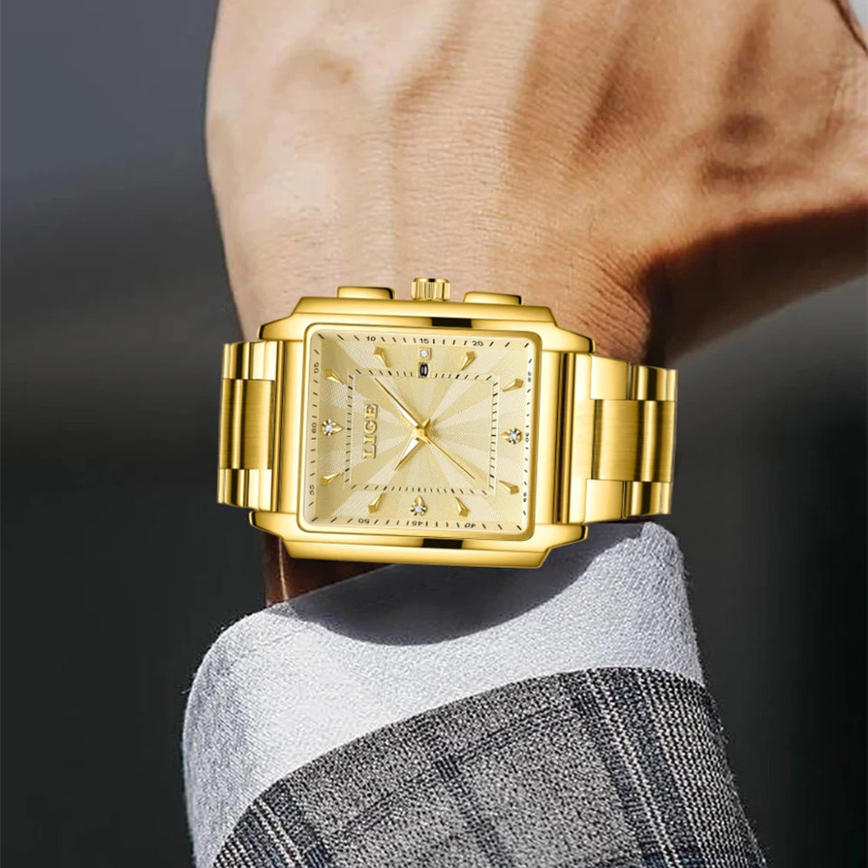 LIGE Fashion Business Watch Men Square Sport Waterproof Watches For Men Top Brand Luxury Military Quartz Chronograph Wristwatch