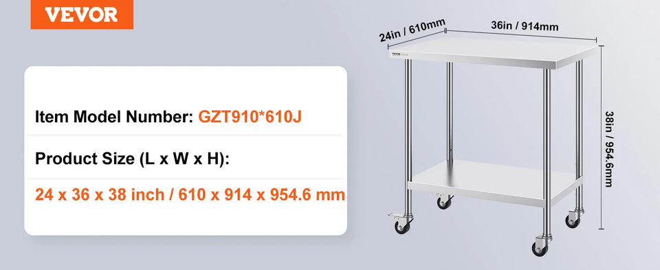 VEVOR Stainless Steel Work Prep Table with 4 Wheels 3 Adjustable Height Levels Heavy Duty Food Prep Worktable for Hotel Home