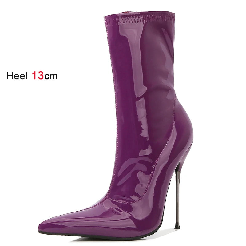 Knee-High Modern Boots Pointy Toe Women Shoes 13cm Ultra Thin Steel High Heels Metal Heel Calf Boots for Women Fun Shoes Size 46