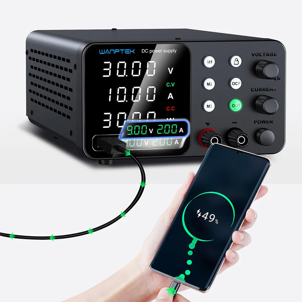 Wanptek Adjustable DC Power Supply 30V 60V 5A 10A Lab Bench Power Supply USB Interface Fast Charging Preset Voltage and Current