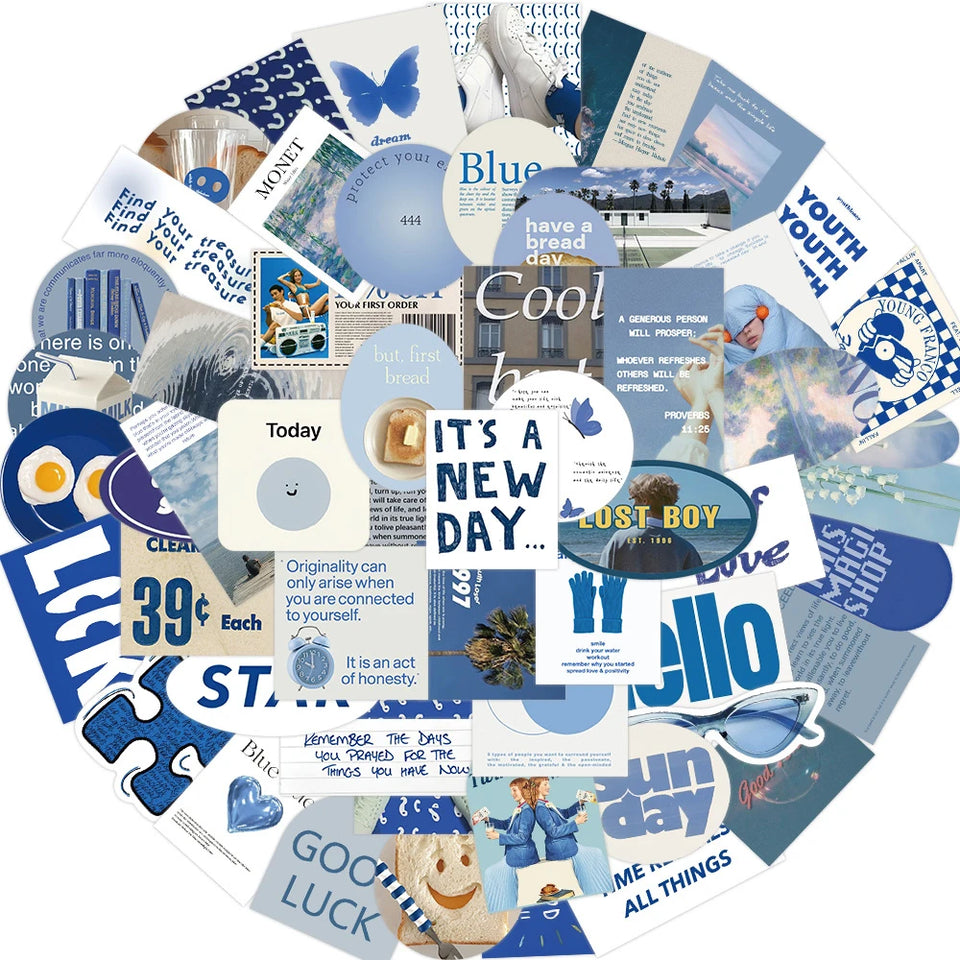 10/30/57pcs Fresh Blue Stickers Aesthetic Ins Style Graffiti Decals Decoration DIY Skateboard Scrapbook Fridge Guitar Bike Toys