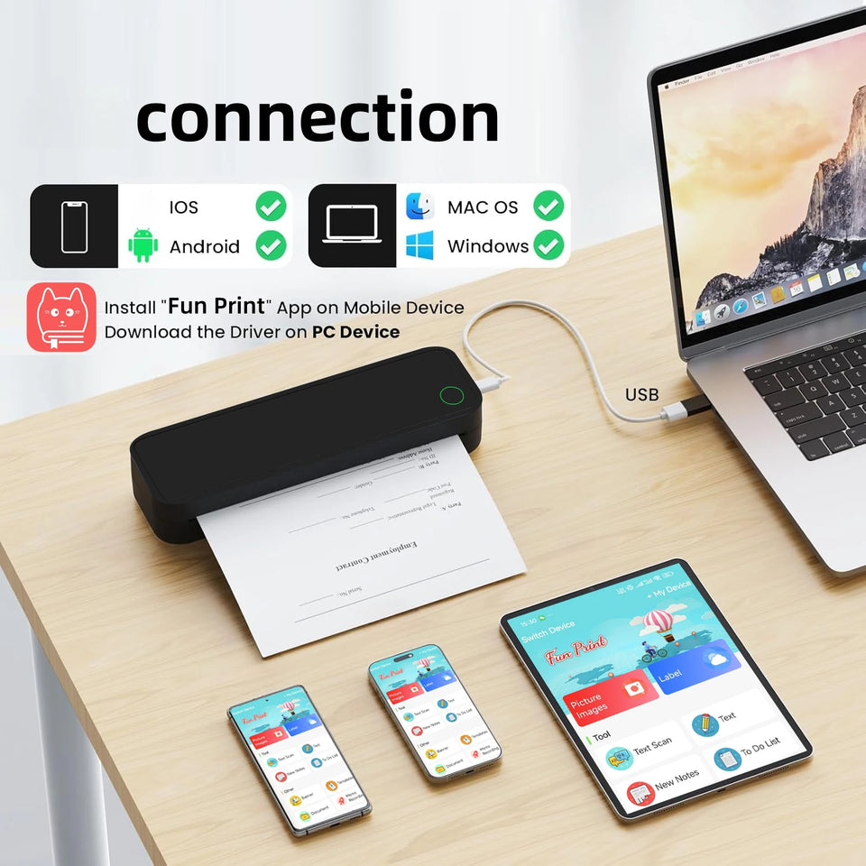 Wireless A4 ink free mini portable thermal printer, suitable for mobile phones and laptops, supports mobile printing