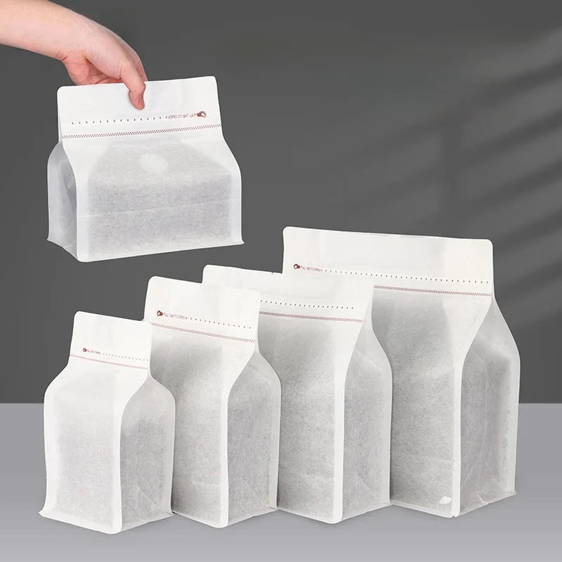 StoBag 50pcs White Cotton Paper Coffee Beans Packaging Bag with/No Valve Sealed for Powder Nuts Storage Stand Up Reusable Pouch