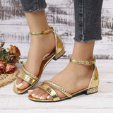 Summer plus size coarse heel sandals 2026 European and American fashion solid color flat bottomed low heel coarse heel sandals
