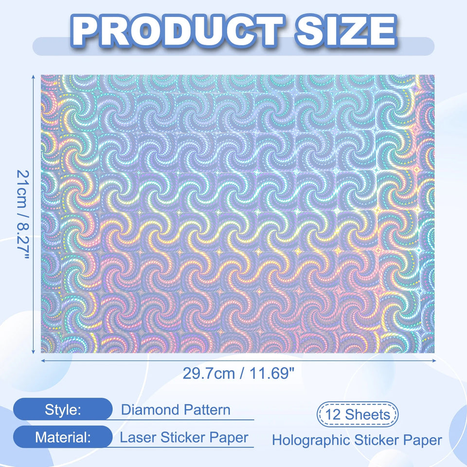 12Sheets Printable Holographic Sticker Paper Vinyl Sticker Paper A4 Waterproof Quickly Stickers for Laser Printer Inkjet Printer