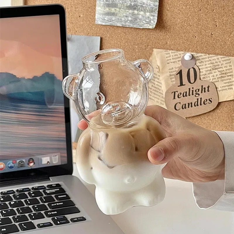 Restaurant Bear Shape Glass Cups, Cute Cartoon Animal Transparent Juice Cups for Children,Office Coffee Mugs Party Water Jar