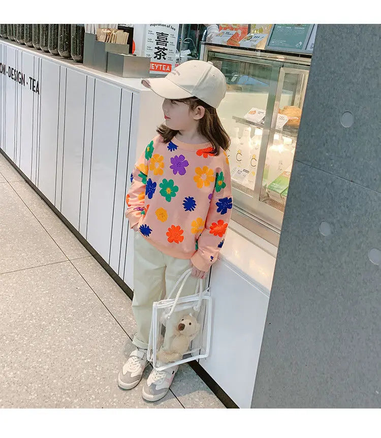 Spring Autumn Baby and Girls Sweet All-Over Flowers Sweatshirt School Kids Outfit Pullover Tops Child Workout Jumper 1-12 Years