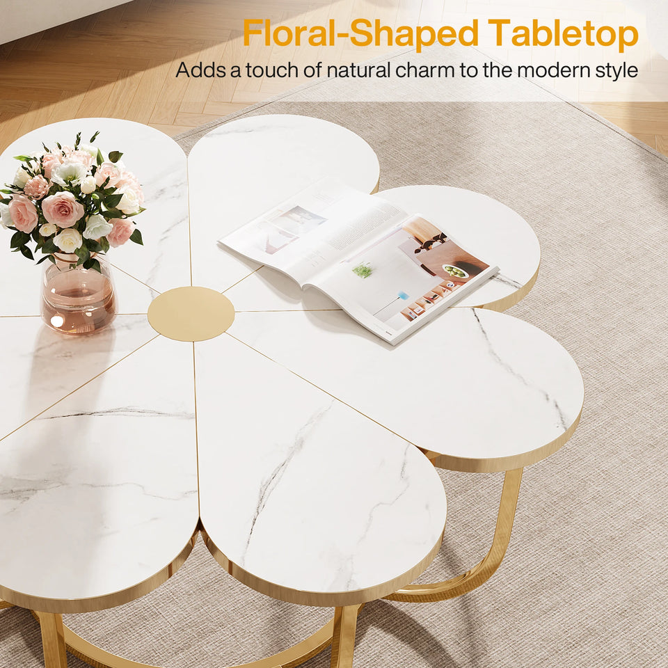 Tribesigns Faux Marble Coffee Table, White and Gold Flower-Shaped Accent Table for Living Room
