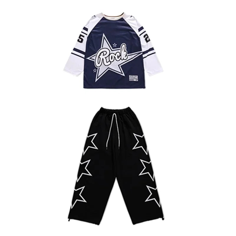Girls Hip Hop Star Sweatshirt Vest Joggers Pants Boys Cool Streetwear Clothes Set Kids Children Jazz Street Dance K-pop Costumes
