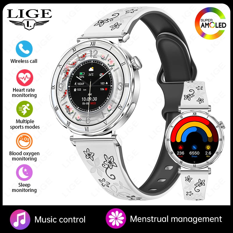 LIGE New 1.19inch AMOLED Fashion Ladies Smart Watch Bluetooth Call Sports Bracelet Women’s Health Waterproof Diamond Smartwatch