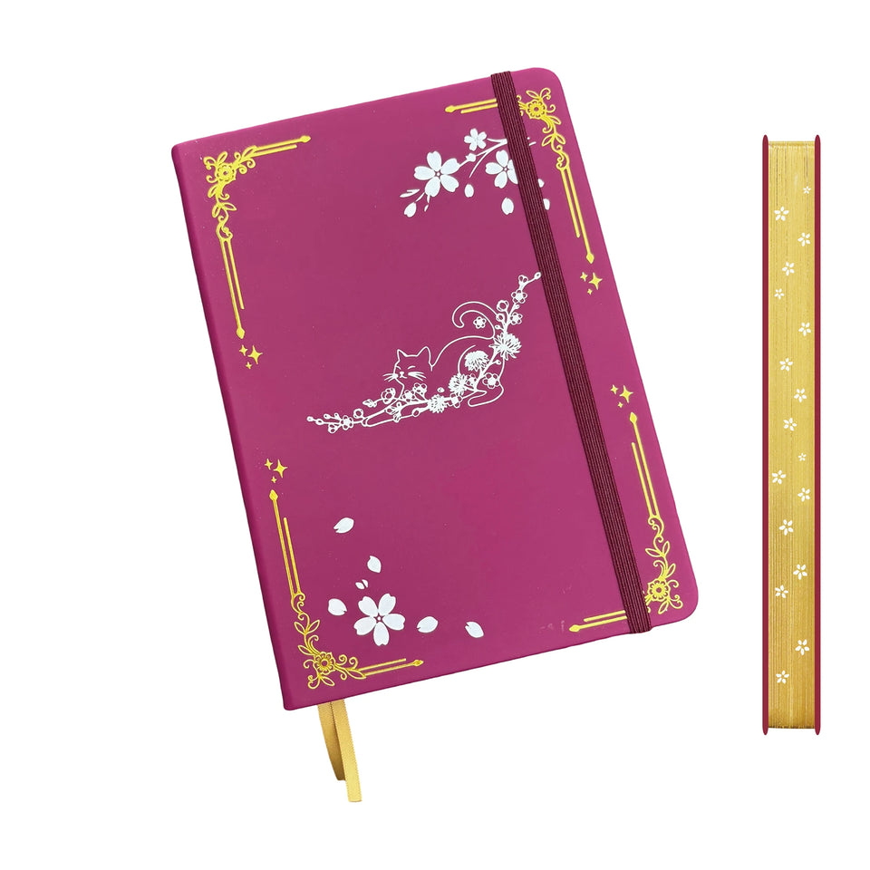 Cat & Cherry Blossom A5 Dot Grid Journal, 160gsm Thick Paper Hardcover Notebook, PU Leather Cover, Gilded Page Edges
