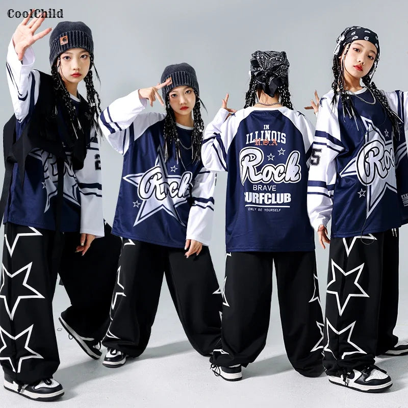 Girls Hip Hop Star Sweatshirt Vest Joggers Pants Boys Cool Streetwear Clothes Set Kids Children Jazz Street Dance K-pop Costumes