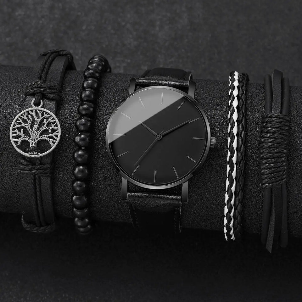 4/5PCS Fashion Leather Strap Men Business Watches Casual Mens Quartz Watch Vintage Bracelets Set Reloj Hombre（Without Box）