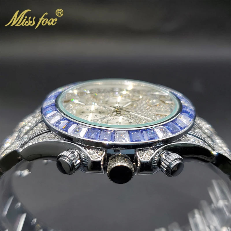 MISSFOX Men Watches 2021 Luxury Large Case With Baguette Full Diamond Quartz Wristwatch Chronograph Calendar Watch Droshipping