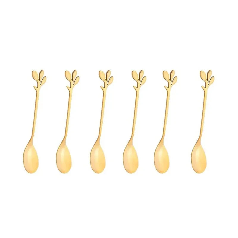 6PCS Creative Personality Stainless Steel Gold Spoons Tree Leaf Spoon Coffee Spoon Tea Spoon Home Restaurant Dessert Cutlery Set