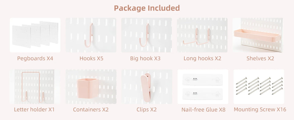 Deli Pink 4pcs Pegboard Combination Kits, Easy Storge, Free & Easy to Assemble, Two Installation Methods