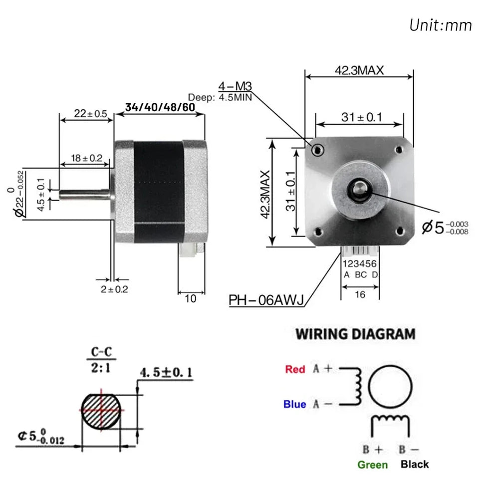 Nema17 Hybrid Open-loop Stepper Motor 2PH 34/40/48/60mm Length 4-Lead 0.28/0.42/0.56/7Nm for 3D Printer CNC Machine Tools Laser