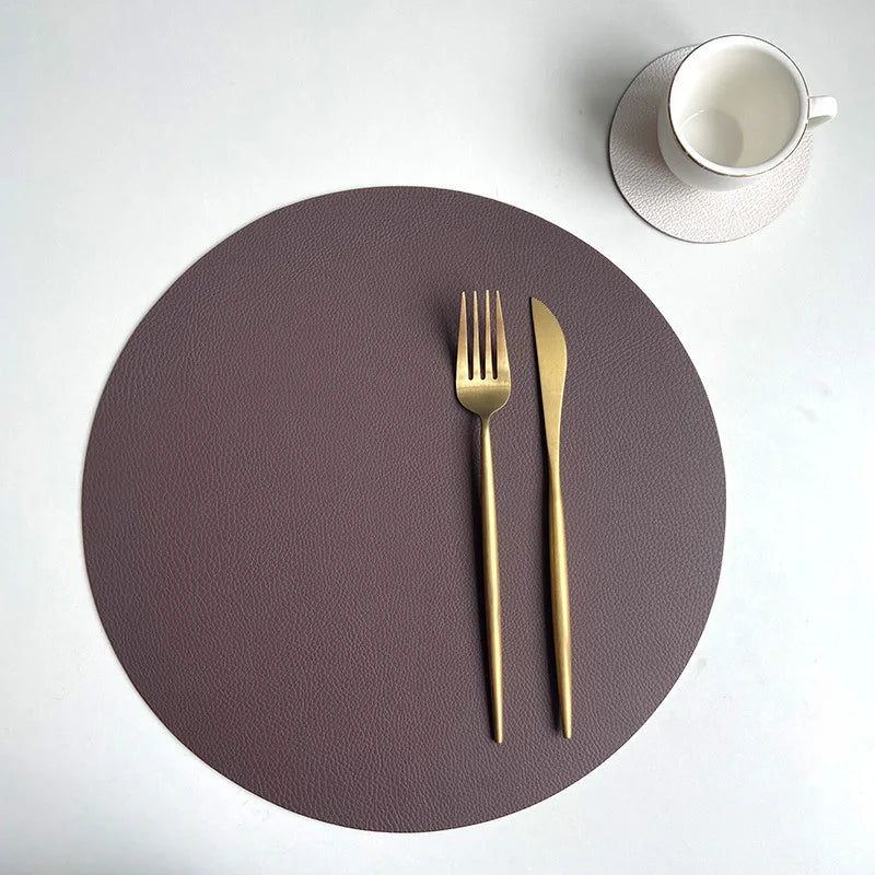 1/6/10 Sets Round PU Leather Placemats & Coaster Set Oil-Proof Waterproof Insulation Mat for Kitchen Coffee Shop Christmas Decor