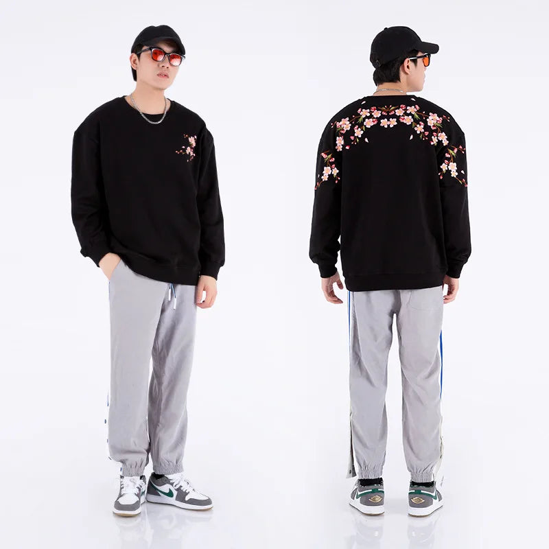 Floral Embroidery Unisex Pullovers Sweatshirt For Men Loose Fit Autumn Quality Cotton Fashion Casual Oversized Luxury Pull Homme