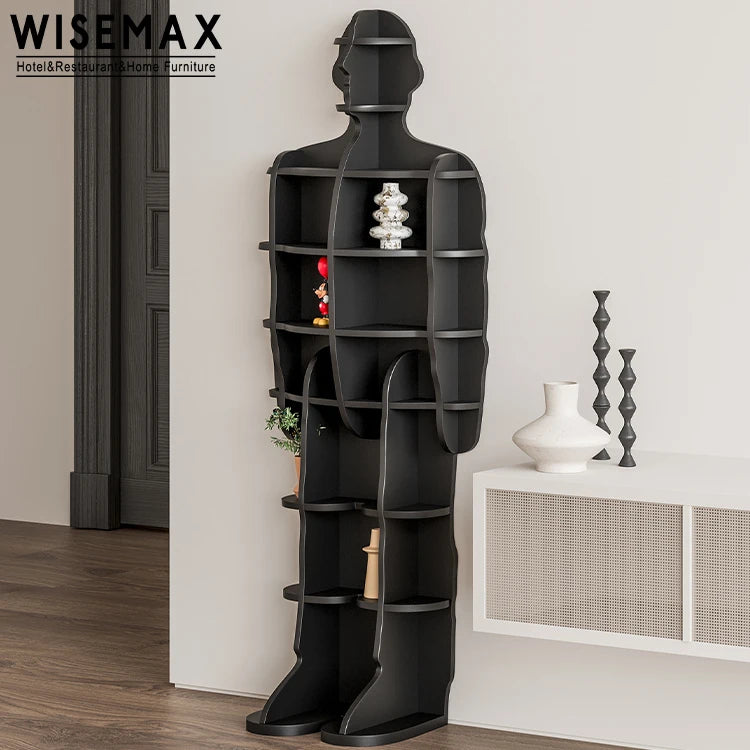 Furniture Modern Living Room Furniture Storage Wooden Black Corner Decoration Standing Bookshelf Human Modeling