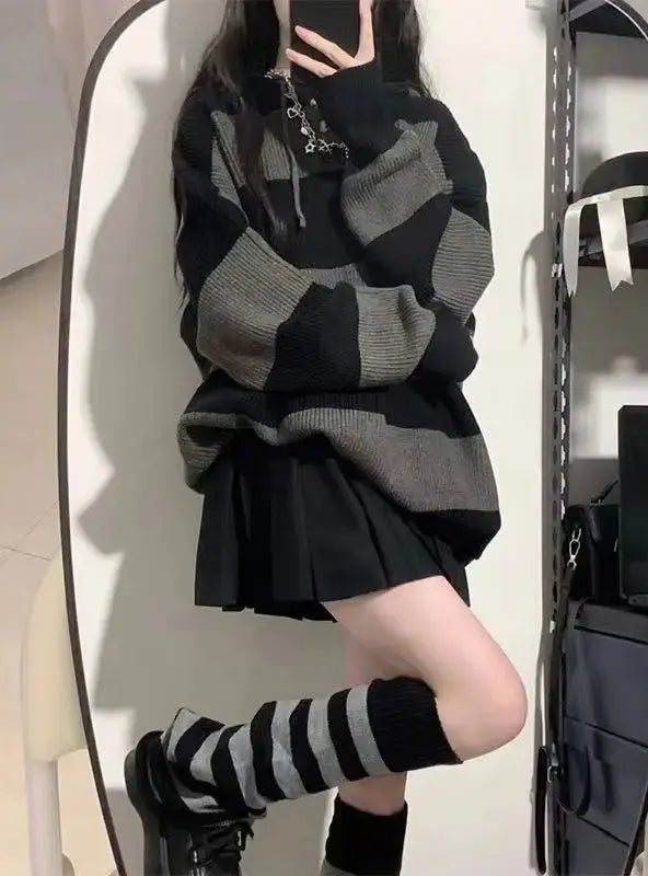 Striped Contrasting Sweater Women's Long Sleeve Knitted Sweatshirt Korean Fashion Streetwear Pullover Autumn New Casual Jumper