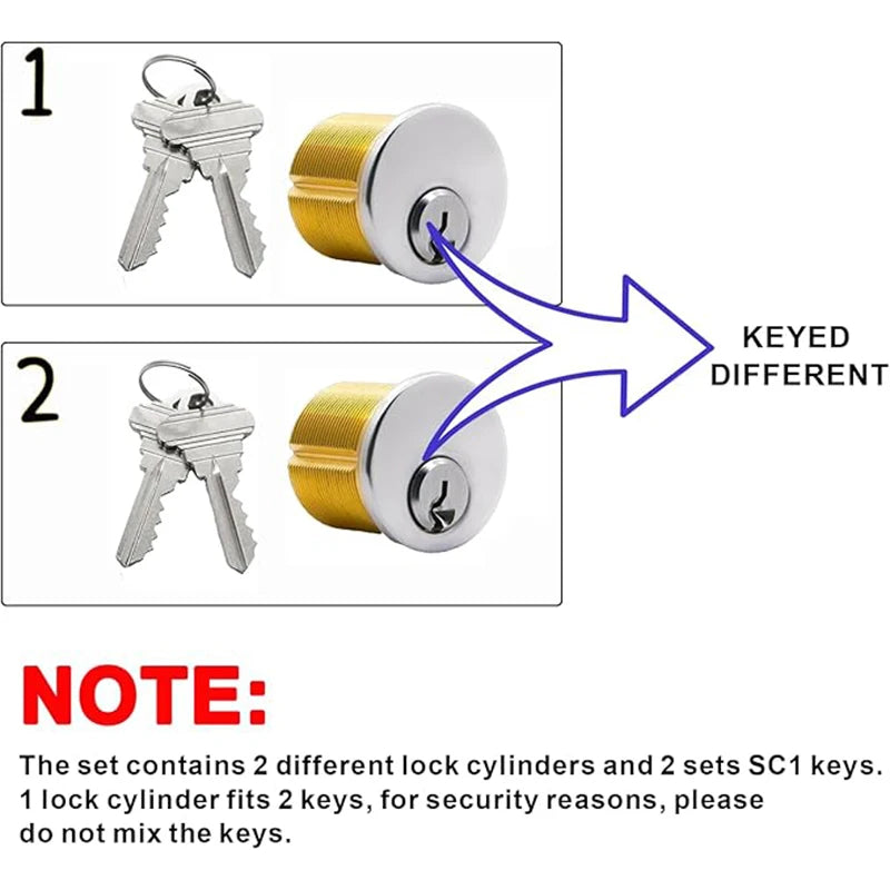 2Pcs Brass Mortise Cylinder Locks with 2 SC1 Keyway Keys fit Standard Commercial Door Replacement Lock (1 1/8" Inch)