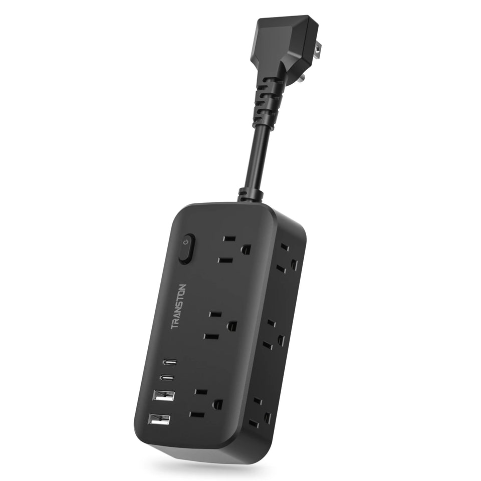 black-power strip surge protector with 6 AC Outlets,2 USB & 2 USB-C Fast Charging Ports,10 in 1,45°tilt plug,Advanced Protection