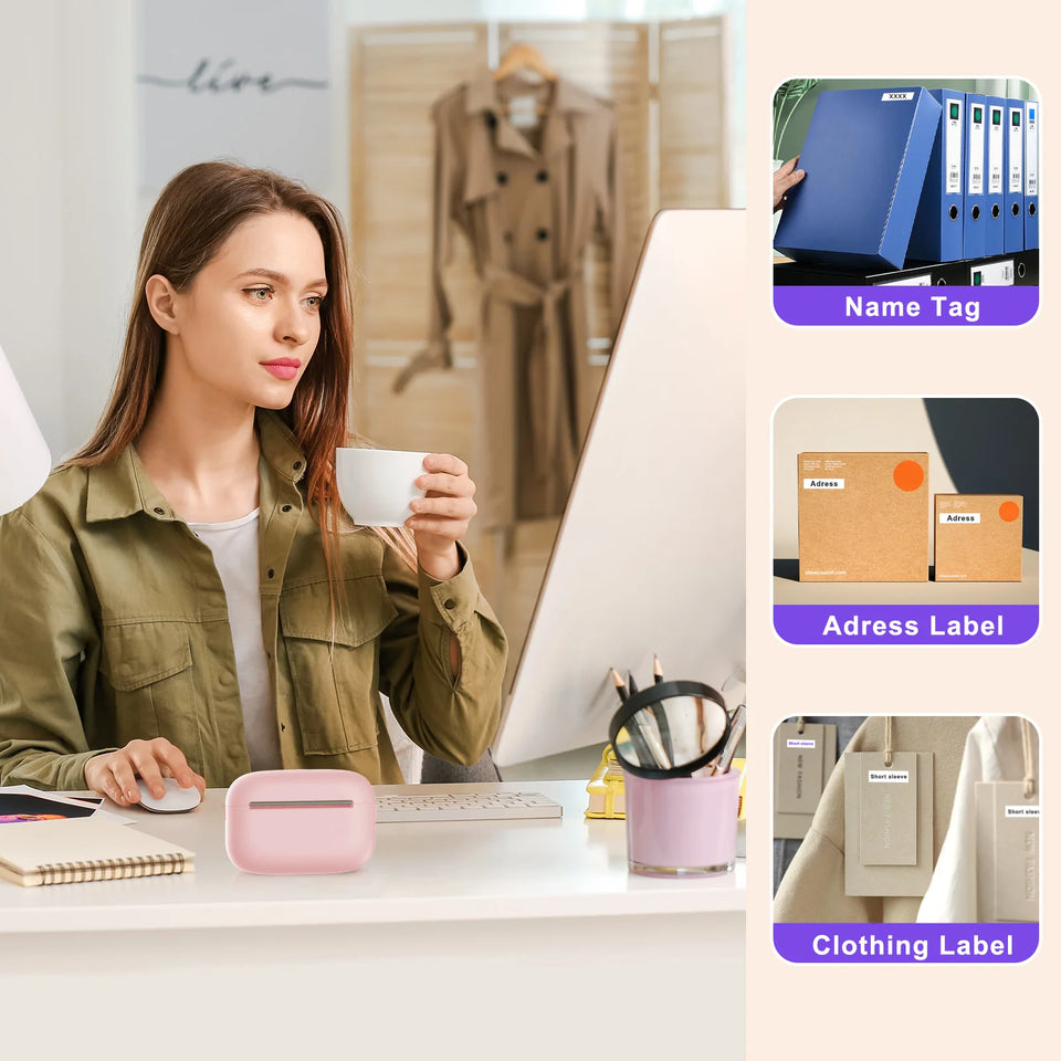Portable Mini Printer Label Maker 300dpi 2 Inch Thermal Wireless Inkless Printer Bluetooth for IOS and Android Home School