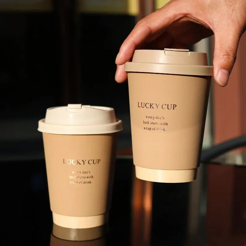 50pcs 330/400/500ml Disposable Paper Cups Brown Hot Stamping Milk Tea Cup with Lid Double-layer Hot Cold Drink Coffee Mug
