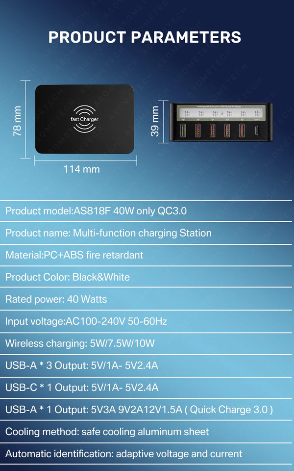 100W USB PD QC Charger Adapter Wireless Charger 6 Ports Fast Charging Station for IPhone 14 13 12 Pro Max IPad, Samsung Huawei
