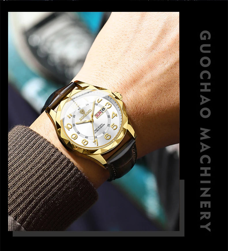 BINBOND New Fashion Mens Casual Sports Watches For Men Retro Big Dial Quartz Watches Classic Leather Business Men Watches B5663