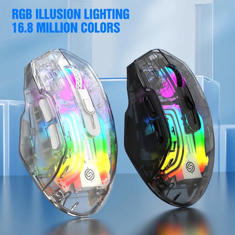 Aesthetic Clear Wireless Mouse for Women RGB Glow Tri-Mode Bluetooth Rechargeable Gaming Mouse for Laptop PC Office