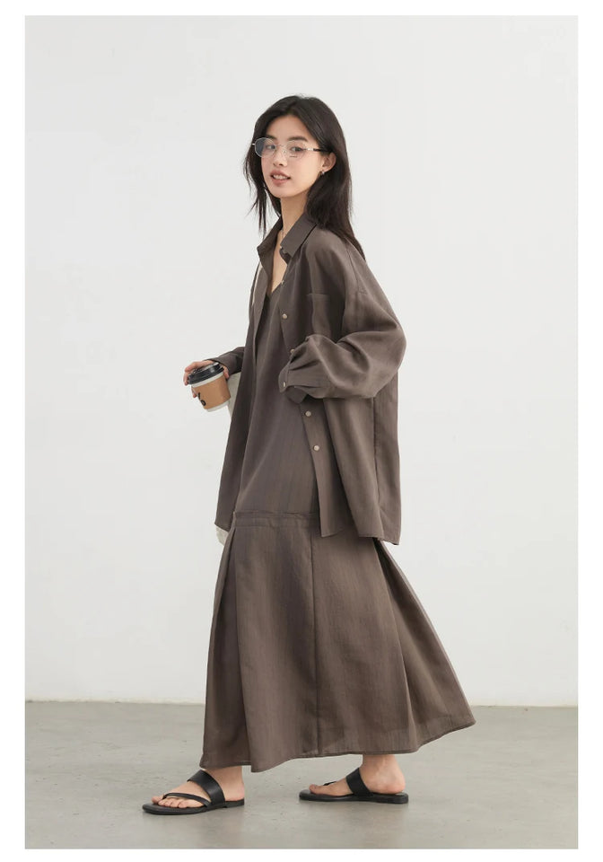 CHIC VEN Women Dress Sets Stripe Shirt Loose Casual Long Sleeve Sunscreen Blouses Camisole V-neck Dresses Spring Autumn 2025
