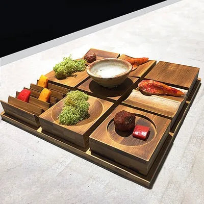 Creative Jiugongge Molecular Cuisine Western Restaurant Plate Dessert Wooden Tableware Restaurant Dim Sum Plate Barbecue Plate