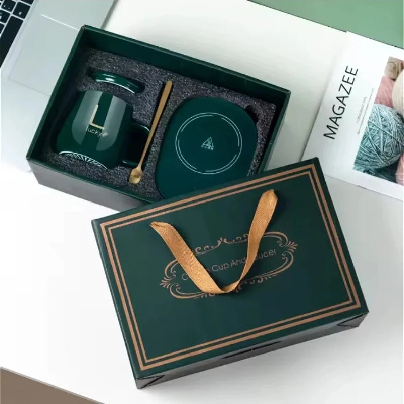 A1 55℃ Smart Heated Coffee Mug Set with Warmer Pad, Auto Keep Warm, Cute Design, Perfect Gift for Office Workers, All-Season Use