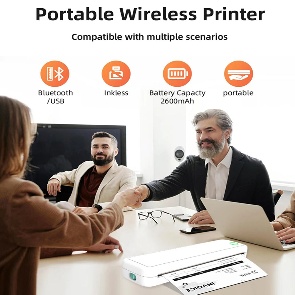 Wireless A4 ink free mini portable thermal printer, suitable for mobile phones and laptops, supports mobile printing