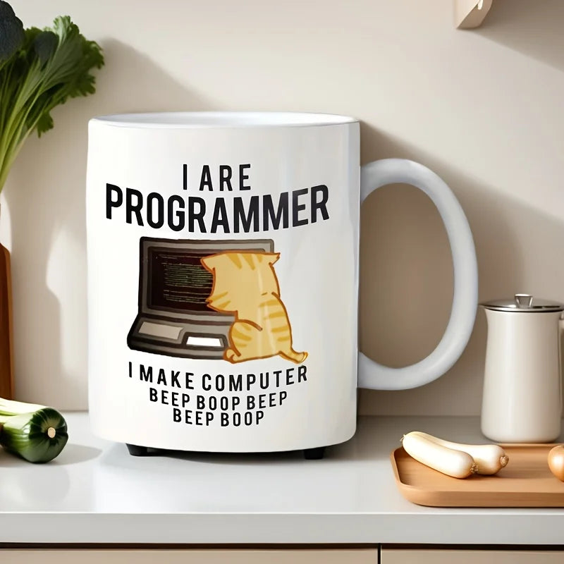 1pc Funny Programmer Cat Ceramic Mug – "I Am a Programmer" Double-Sided Design, Perfect Gift for Computer Coders, Coffee & Tea C