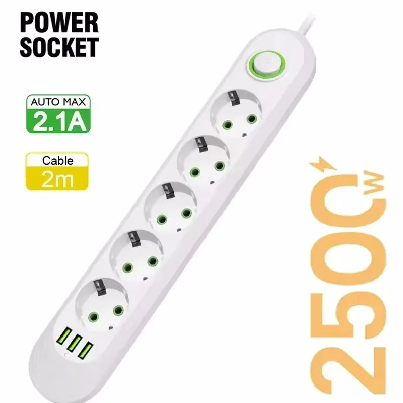2500W Power Strip with 3USB Ports EU Plug Socket 2m Extension Cable Fast Charging Round Pin AC Outlet Electrical Charger Adapter