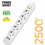 2500W Power Strip with 3USB Ports EU Plug Socket 2m Extension Cable Fast Charging Round Pin AC Outlet Electrical Charger Adapter