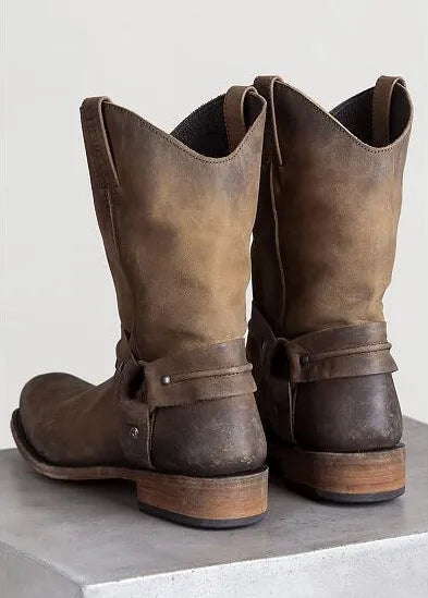 Retro Cowboy Boots Women Men Mid Calf Outdoor Boots Vintage PU Slip on Shoes Winter Gladiator Booties Unisex Brown Long Boots