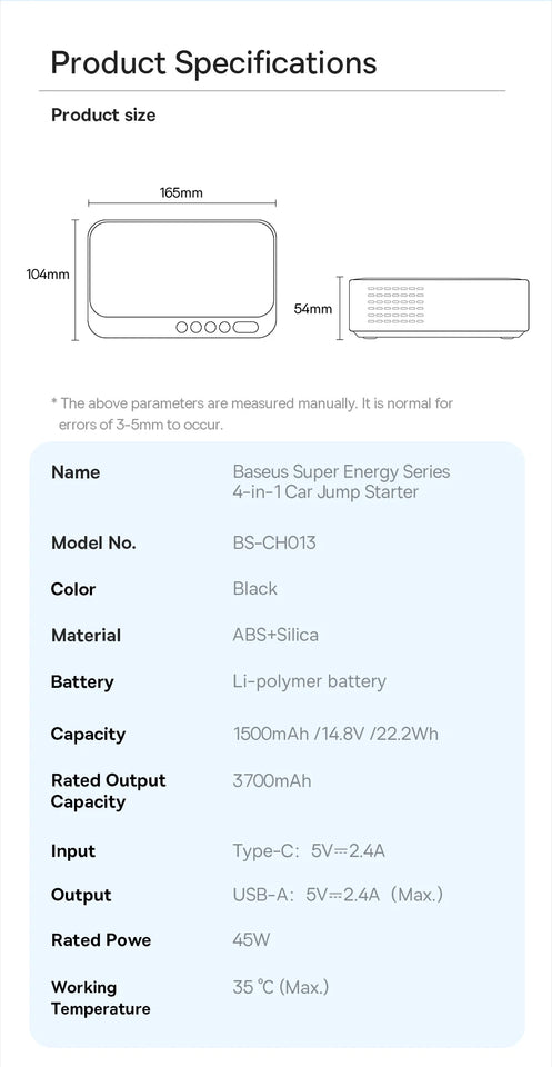 Baseus 4 In 1 Car Jump Starter with LED Lighting 600A Portable Car Battery Charger Power Bank Tire Inflator Pump Air Compressor