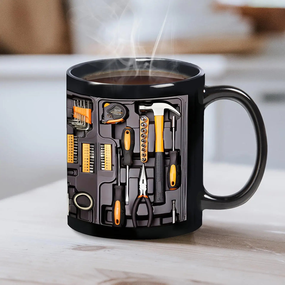 11OZ Coffee Mug Toolbox Design Wrench Pattern Mechanic Water Cup Ceramic Mechanic Mug Themed C-Shaped Handle Car Mechanic Gift