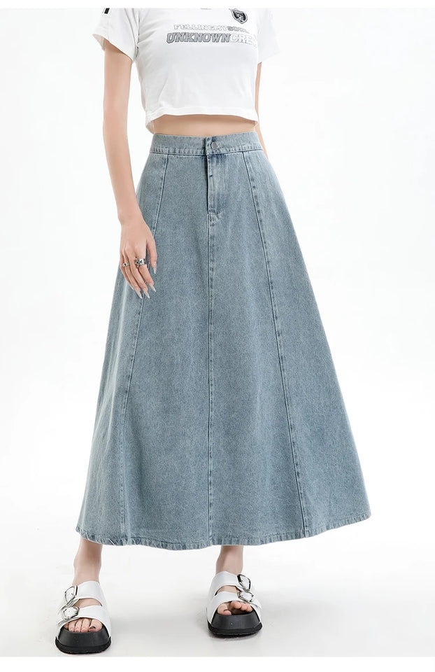 Long Denim Skirt Women 2024 Spring Summer New Arrivals High Elastic Waist A Line Jeans Skirts Korean Fashion Casual Blue Skirts