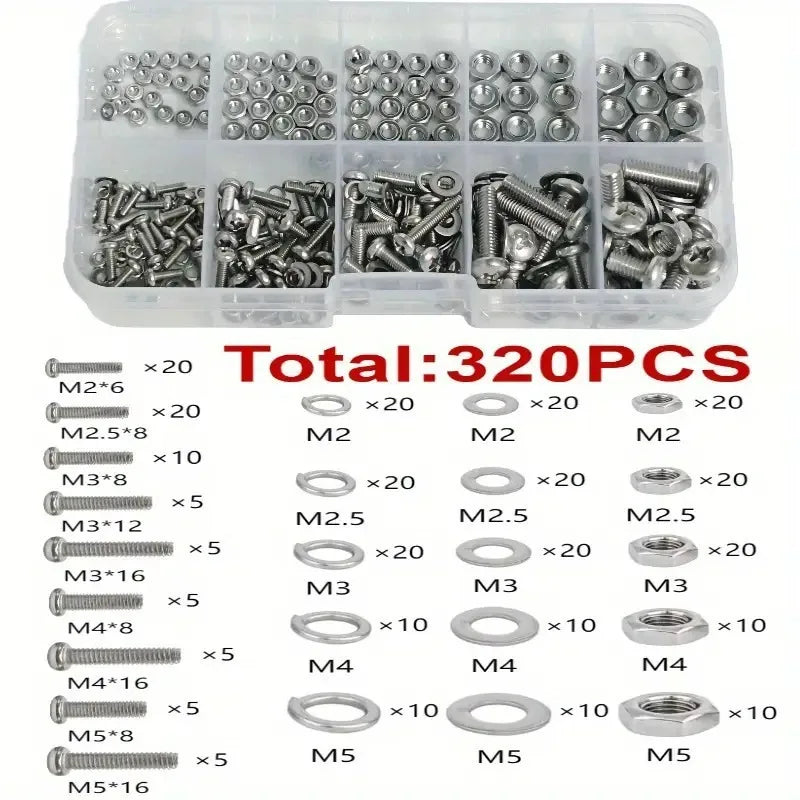 Stainless Steel Metric Screw and Nut Hex Assortment Tool Kit, M2 M2.5 M3 M4 M5 Sizes Fasteners Hardware Bolt Sets 320/700Pcs