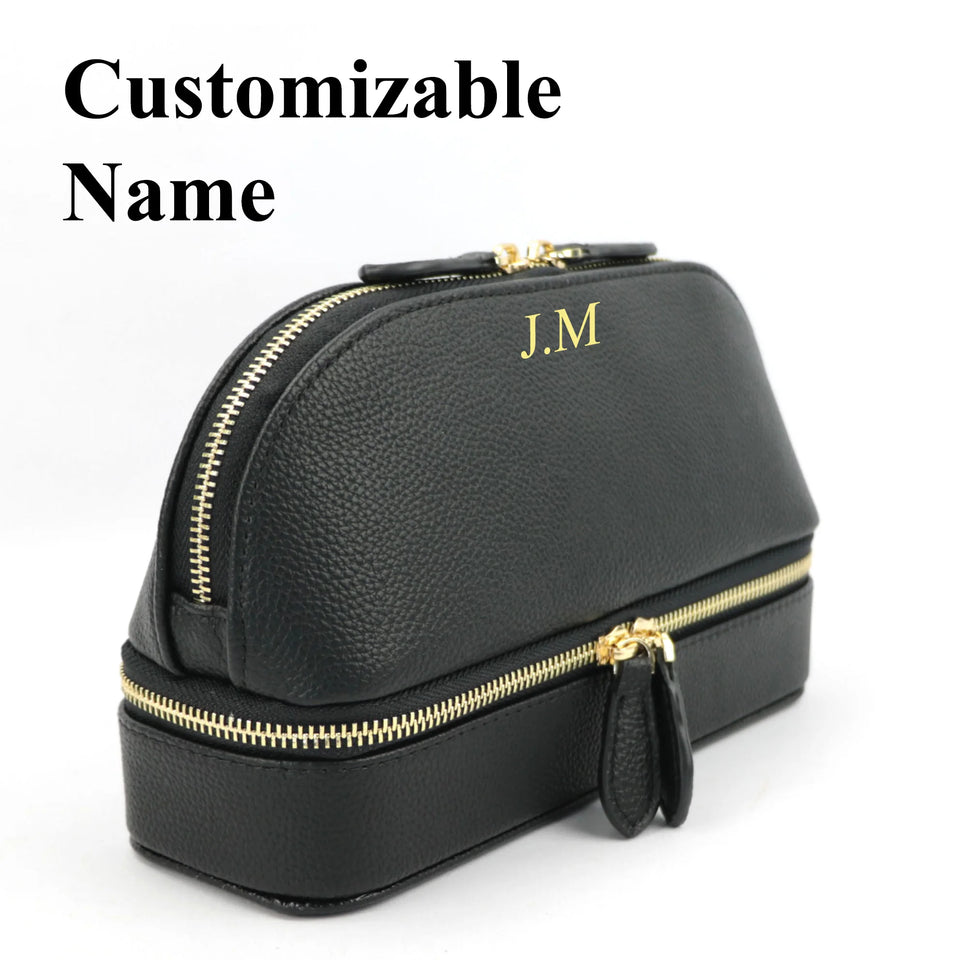 Personalized Cosmetic Bag Pu Leather Women Travel Makeup Bag with Jewelry Organizer Case 2 in 1 Ladies Travel Clutch Pouch
